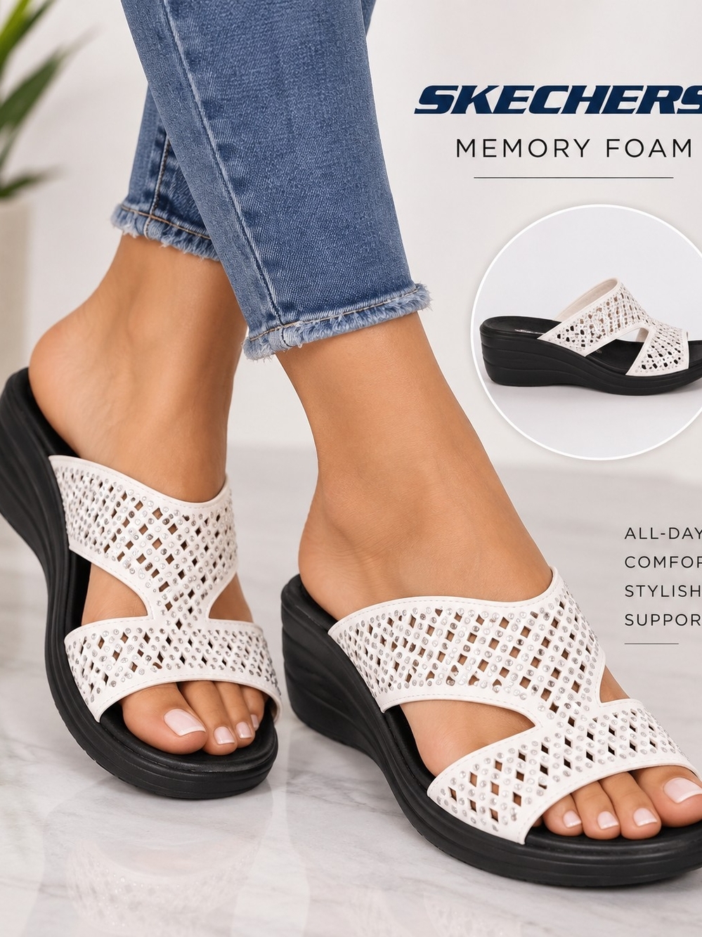 Skechers Women’s White Sandals New in Box Comfortable Casual Shoes